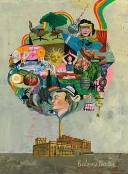Illustration "Bunter Baum aus künstlerisch gestalteten Motiven (Gesichter, Sonne, Schlüssel, Früchte, Regenbogen) erwächst einem Backsteingebäude", mit Schriftzug Bötzow Berlin